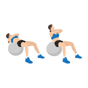Woman doing stability,swiss,exercise ball crunches exercise Flat vector isolated on white background