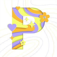 P Alphabet Abstract Paper Lively Flower Heart Sparkle Shine Yellow Orange Violet Lilac Purple Mountain Geography Contour Map 3D Layer Line Cutout Card Web Banner