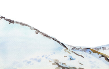 Watercolor fluffy snow banks, mountain landscape scenery.