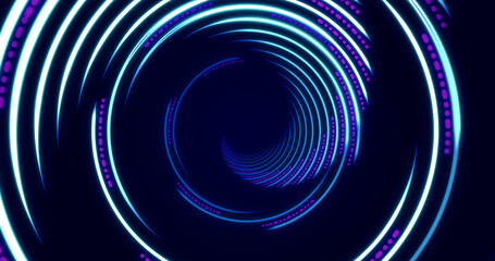 Blue and purple neon light curved lines forming a spiral tunnel. Futuristic science fiction abstract background. 3D illustration