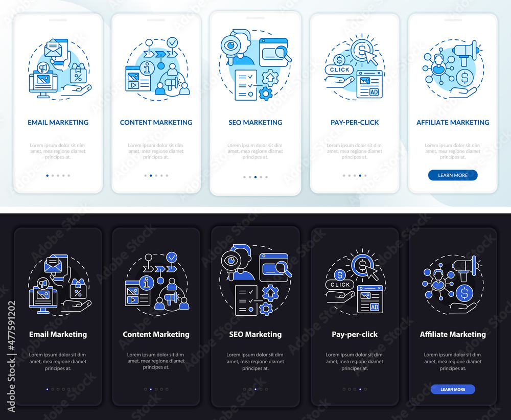 Poster marketing strategies night and day mode onboarding mobile app screen. ads walkthrough 5 steps graphi