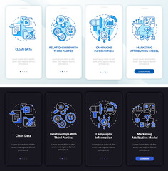 Online ad platform night and day mode onboarding mobile app screen. Promo walkthrough 4 steps graphic instructions pages with linear concepts. UI, UX, GUI template. Myriad Pro-Bold, Regular fonts used