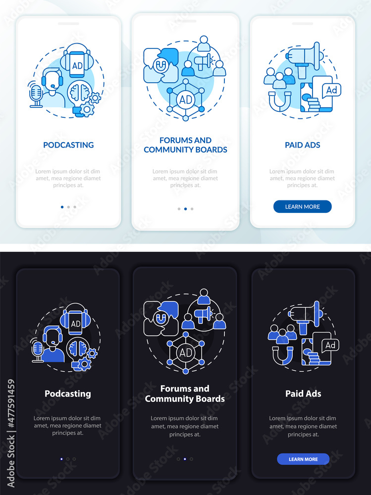 Poster digital marketing way night and day mode onboarding mobile app screen. ad walkthrough 3 steps graphi