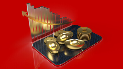 The  Chinese gold  and tablet on red background for business concept 3d rendering