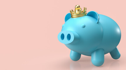 The blue piggy bank and gold crown for saving or business concept  3d rendering