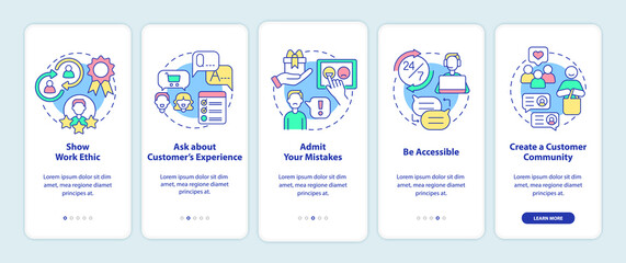 Customer service tips onboarding mobile app screen. Support ethic walkthrough 5 steps graphic instructions pages with linear concepts. UI, UX, GUI template. Myriad Pro-Bold, Regular fonts used