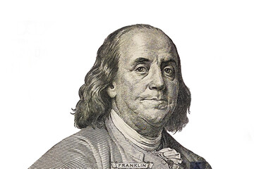 Benjamin Franklin cut from new 100 dollars banknote on white background - obrazy, fototapety, plakaty