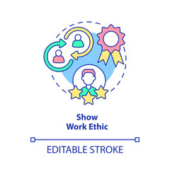 Show work ethic concept icon. Moral principles. Customer service tips abstract idea thin line illustration. Isolated outline drawing. Editable stroke. Roboto-Medium, Myriad Pro-Bold fonts used