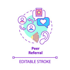 Peer referral concept icon. Friends advice. Customer touchpoints abstract idea thin line illustration. Isolated outline drawing. Editable stroke. Roboto-Medium, Myriad Pro-Bold fonts used