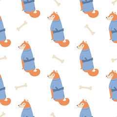 Seamless pattern with a funny husky in a traditional kimono.