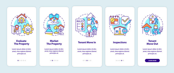 Property management operations onboarding mobile app screen. Business walkthrough 5 steps graphic instructions pages with linear concepts. UI, UX, GUI template. Myriad Pro-Bold, Regular fonts used