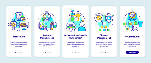 Modules of property management onboarding mobile app screen. Automation walkthrough 5 steps graphic instructions pages with linear concepts. UI, UX, GUI template. Myriad Pro-Bold, Regular fonts used