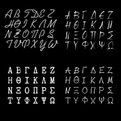 Set of greek uppercase alphabet. Handwritten, typewriter and caligraphic white letters, fonts...