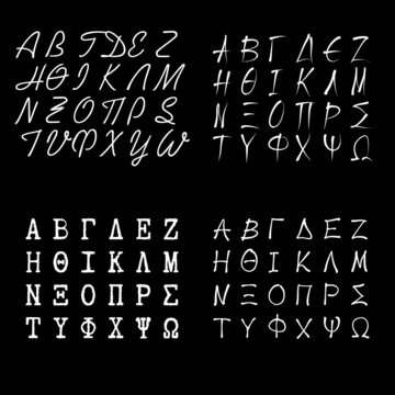 Set of greek uppercase alphabet. Handwritten, typewriter and caligraphic white letters, fonts isolated in black background.