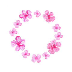 watercolor oval frame with pink five-leafed flowers on white background