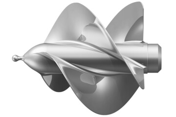 The marine propeller (screw propeller). A propeller is a mechanical device that converts rotational motion into thrust. Side view. 3D illustration - obrazy, fototapety, plakaty