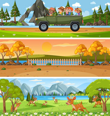 Fototapeta premium Different nature landscape at daytime scene with cartoon character