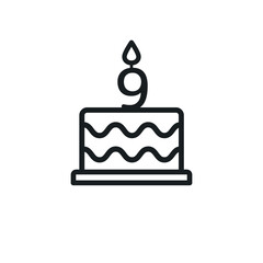 Birthday cake lined icon with candle  number 9. Vector.
