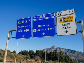 Traffic sign of the highway of the Costa del Sol, Spain, in the direction of Marbella and Fuengirola