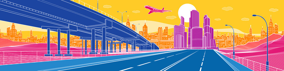 Colorful Infrastructure illustration. Large highway in city. Modern town at color background, tower and skyscrapers, business building. Plane is flying. Vector design art - 477595825
