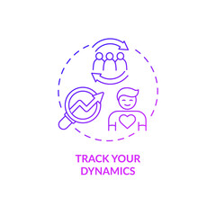 Track your dynamics purple gradient concept icon. Improve emotional wellbeing abstract idea thin line illustration. Self-tracking. Isolated outline drawing. Roboto-Medium, Myriad Pro-Bold fonts used