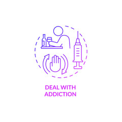 Deal with addiction purple gradient concept icon. Drug and alcohol dependence treatment abstract idea thin line illustration. Isolated outline drawing. Roboto-Medium, Myriad Pro-Bold fonts used