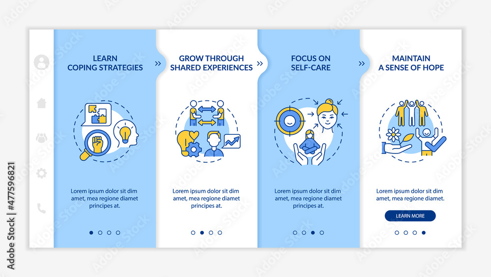 Poster support group advantages blue and white onboarding template. coping strategies. responsive mobile we