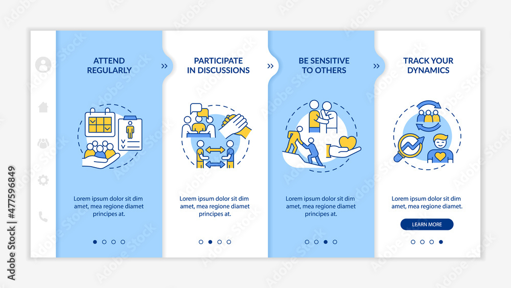 Aufkleber support group visit effectiveness blue and white onboarding template. responsive mobile website with