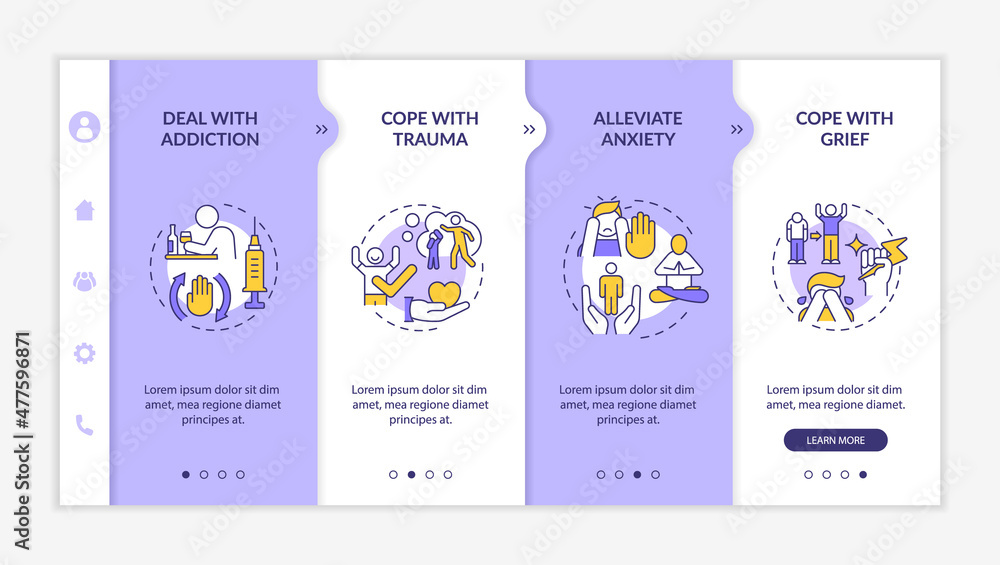 Poster problems to solve in group purple and white onboarding template. alleviation. responsive mobile webs