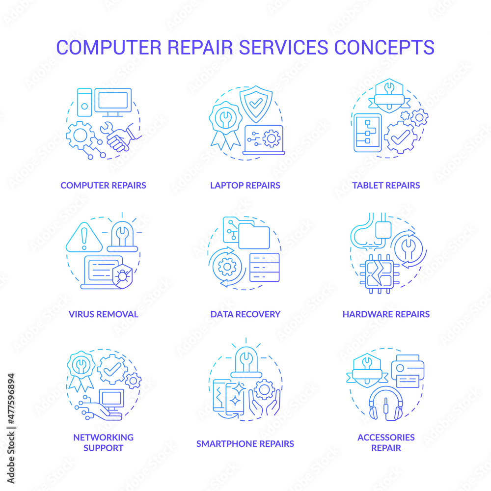 Poster computer repair service blue gradient concept icons set. problem resolve idea thin line color illust