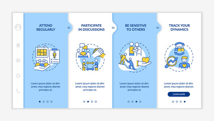 Support group visit effectiveness blue and white onboarding template. Responsive mobile website with linear concept icons. Web page walkthrough 4 step screens. Lato-Bold, Regular fonts used - obrazy, fototapety, plakaty