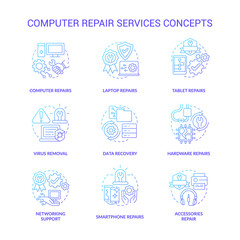 Computer repair service blue gradient concept icons set. Problem resolve idea thin line color illustrations. Isolated outline drawings. Editable stroke. Roboto-Medium, Myriad Pro-Bold fonts used