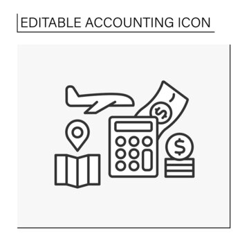 Travel Expenses Line Icon. Business Trip. Saving Money During Vacation. Summarizing, Analyzing And Reporting Transactions. Accounting Concept. Isolated Vector Illustration. Editable Stroke