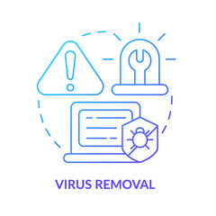 Virus removal blue gradient concept icon. Delete malicious software. Type of repair abstract idea thin line illustration. Isolated outline drawing. Roboto-Medium, Myriad Pro-Bold fonts used