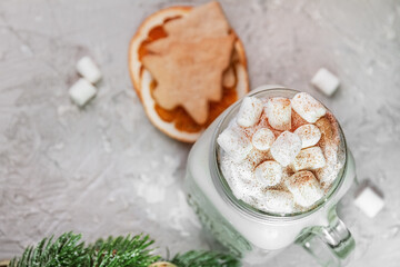 Christmas white drink eggnog with marshmallow on grey background with spruce branches and biscuits