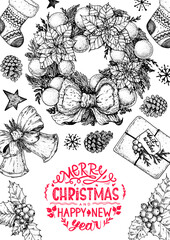 Christmas greeting card. Illustration for a festive Christmas mood. Hand drawn sketch. Vintage design elements. Vector illustration. Invitation design template. Sketch collection.