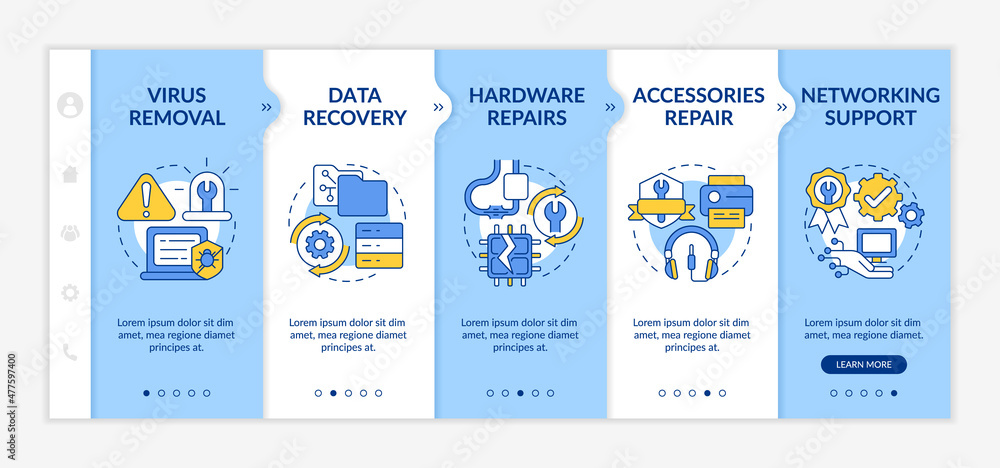 Poster types of repairs blue and white onboarding template. computer fixing. responsive mobile website with