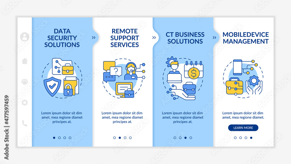 Aufkleber computer services for business blue and white onboarding template. responsive mobile website with li