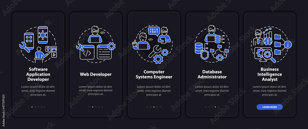 Poster jobs coders can get night mode onboarding mobile app screen. worker walkthrough 5 steps graphic inst