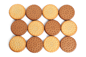 Different tasty sandwich cookies on white background, top view