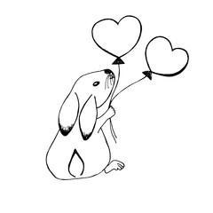 Isolated on white background black and white graphic illustration of a hare with heart-shaped balloons 