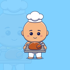 Cute baby chef holding a tray of roast chicken