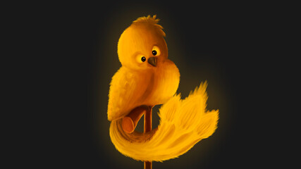 Baby phoenix sits on a perch and looks at the shining tail