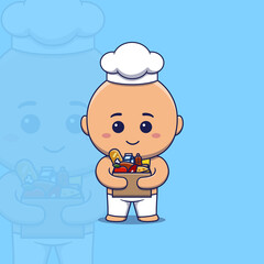 Cute baby chef holding cardboard box full food