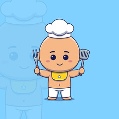 Cute baby chef holding spatula and barbecue fork