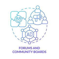 Forums and community boards blue gradient concept icon. Digital marketing channels abstract idea thin line illustration. Isolated outline drawing. Roboto-Medium, Myriad Pro-Bold fonts used