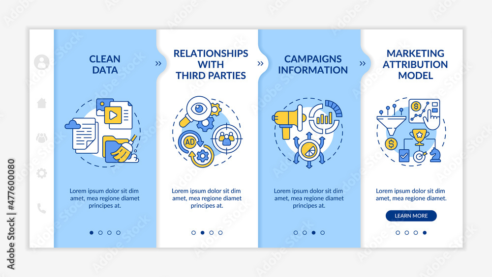 Poster digital marketing platform options blue and white onboarding template. responsive mobile website wit