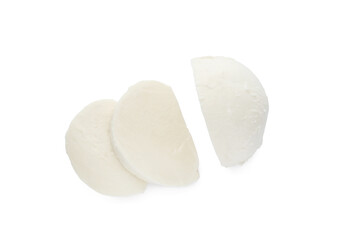Fototapeta na wymiar Delicious mozzarella cheese slices on white background, top view