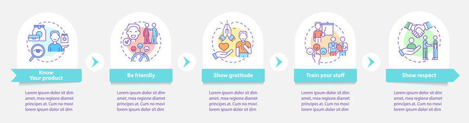 Customer service round infographic template. Clients support. Data visualization with 5 steps. Process timeline info chart. Workflow layout with line icons. Myriad Pro-Bold, Regular fonts used