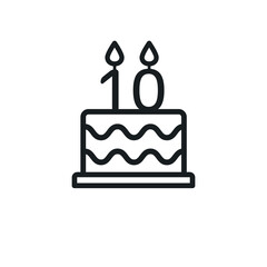 Birthday cake lined icon with candle  number 10. Vector.